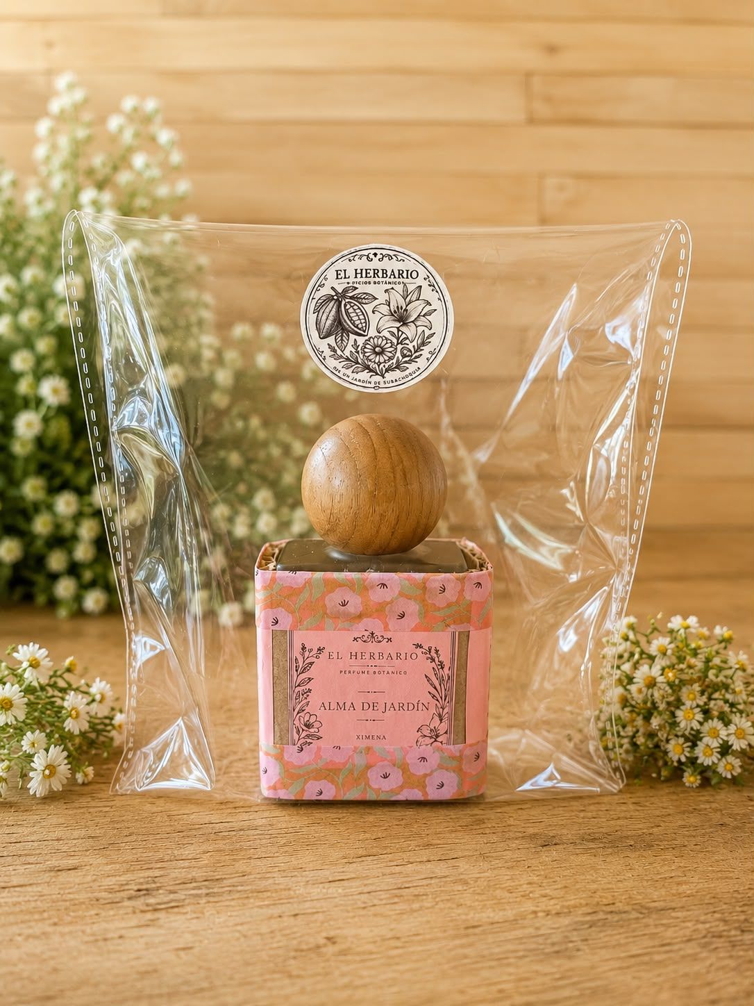 Frasco del perfume Alma de Jardín envuelto en papel de flores