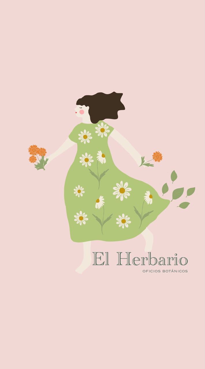 Ilustración de una mujer con un vestido verde de margaritas, con flores naranjas en las manos